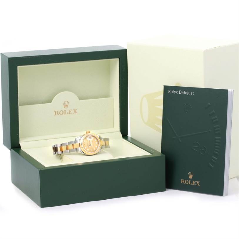 The image shows a Rolex Datejust 179163 Women's Steel and Gold (two tone) Champagne Dial 179163 Women's Steel and Gold (two tone) Champagne Dial watch in its box with an accompanying manual.