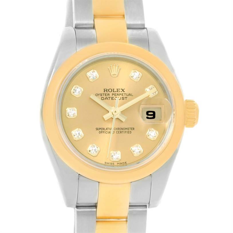 The Rolex Datejust 179163 Women's Steel and Gold (two tone) Champagne Dial 179163 Women's Steel and Gold (two tone) Champagne Dial watch is shown from a front angle, displaying the dial, bezel, crown, and part of the bracelet.