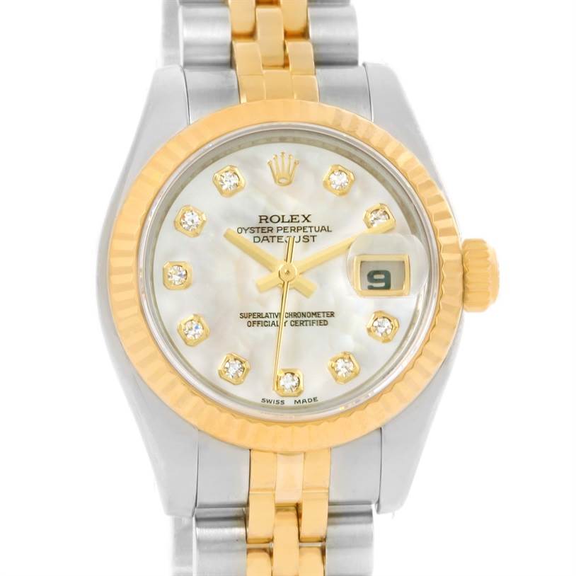 This is a frontal view of a Rolex Datejust 179173 Women's Steel and Gold (two tone) Mother of Pearl Dial 179173 Women's Steel and Gold (two tone) Mother of Pearl Dial watch, showcasing the dial, bezel, crown, and part of the bracelet.