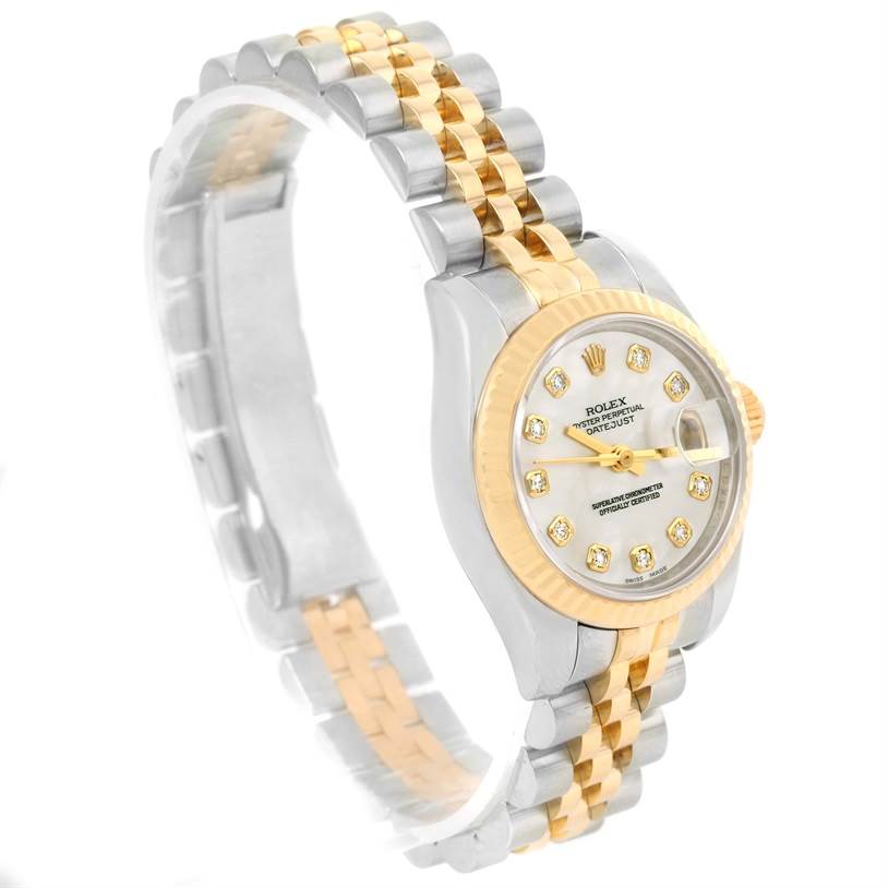 This image shows a Rolex Datejust 179173 Women's Steel and Gold (two tone) Mother of Pearl Dial 179173 Women's Steel and Gold (two tone) Mother of Pearl Dial watch at a three-quarter angle, highlighting the dial, bezel, and two-tone bracelet.
