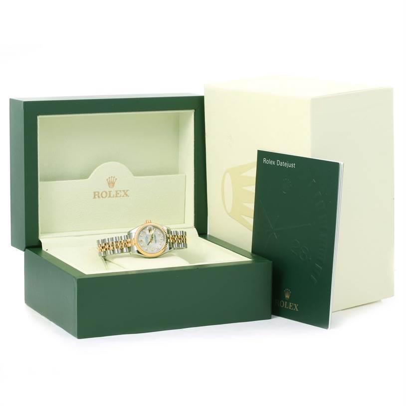 The image shows a Rolex Datejust 179173 Women's Steel and Gold (two tone) Mother of Pearl Dial 179173 Women's Steel and Gold (two tone) Mother of Pearl Dial watch in an open green and white box, alongside a Rolex Datejust 179173 Women's Steel and Gold (two tone) Mother of Pearl Dial 179173 Women's Steel and Gold (two tone) Mother of Pearl Dial manual.