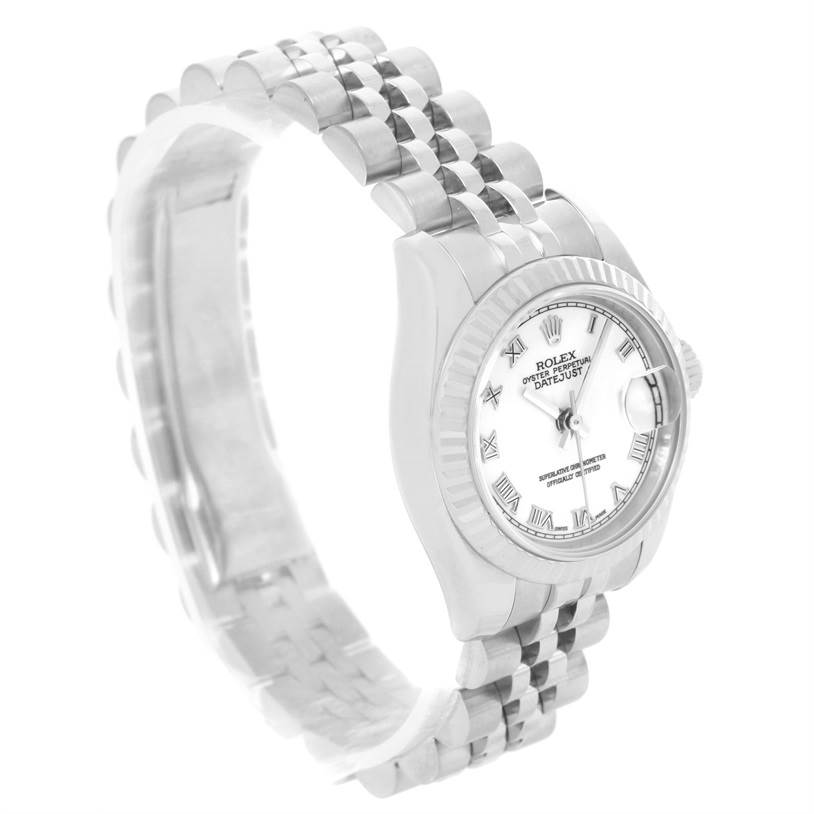 The image shows a Rolex Datejust 179174 Women's Stainless Steel White Dial 179174 Women's Stainless Steel White Dial watch angled from the front left, highlighting the bracelet, dial, and face.