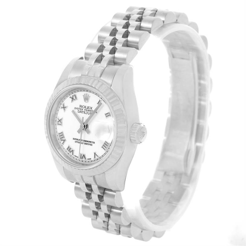 This image shows a Rolex Datejust 179174 Women's Stainless Steel White Dial 179174 Women's Stainless Steel White Dial watch angled to display the face, crown, and a portion of the bracelet.