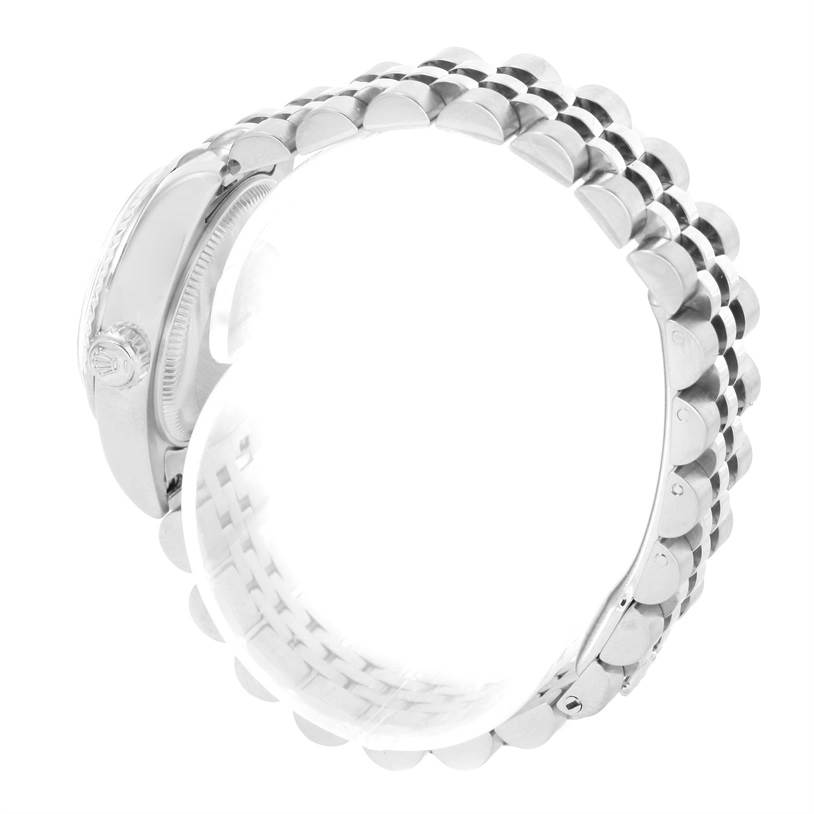 The image shows a side angle of the Rolex Datejust 179174 Women's Stainless Steel White Dial 179174 Women's Stainless Steel White Dial watch, focusing on the bracelet and the side of the case.