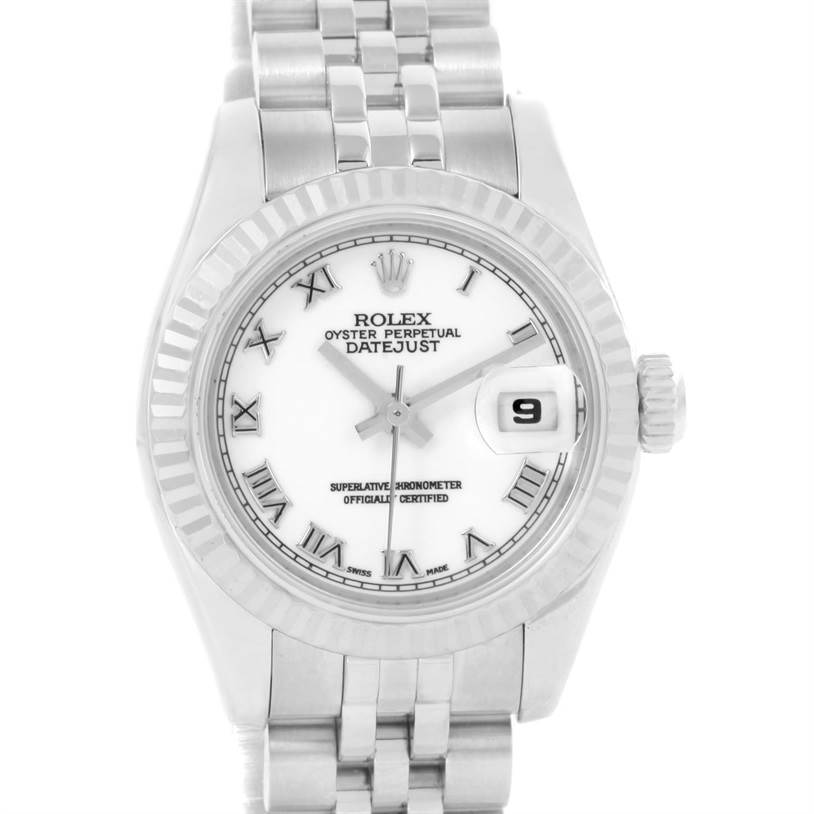 The image shows a frontal view of a Rolex Datejust 179174 Women's Stainless Steel White Dial 179174 Women's Stainless Steel White Dial watch, highlighting its dial, bracelet, and date display.