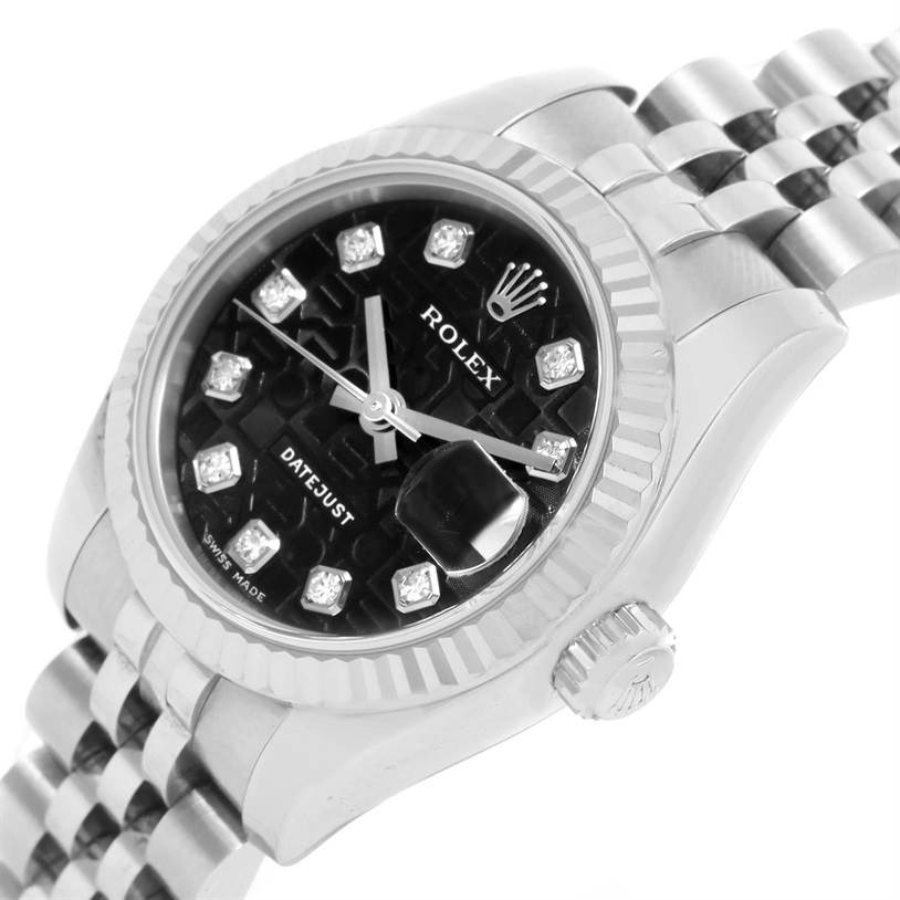 This is a Rolex Datejust 179174 Women
s Stainless Steel Black Dial 179174 Women
s Stainless Steel Black Dial watch angled to show the face, bezel, crown, and part of the bracelet.