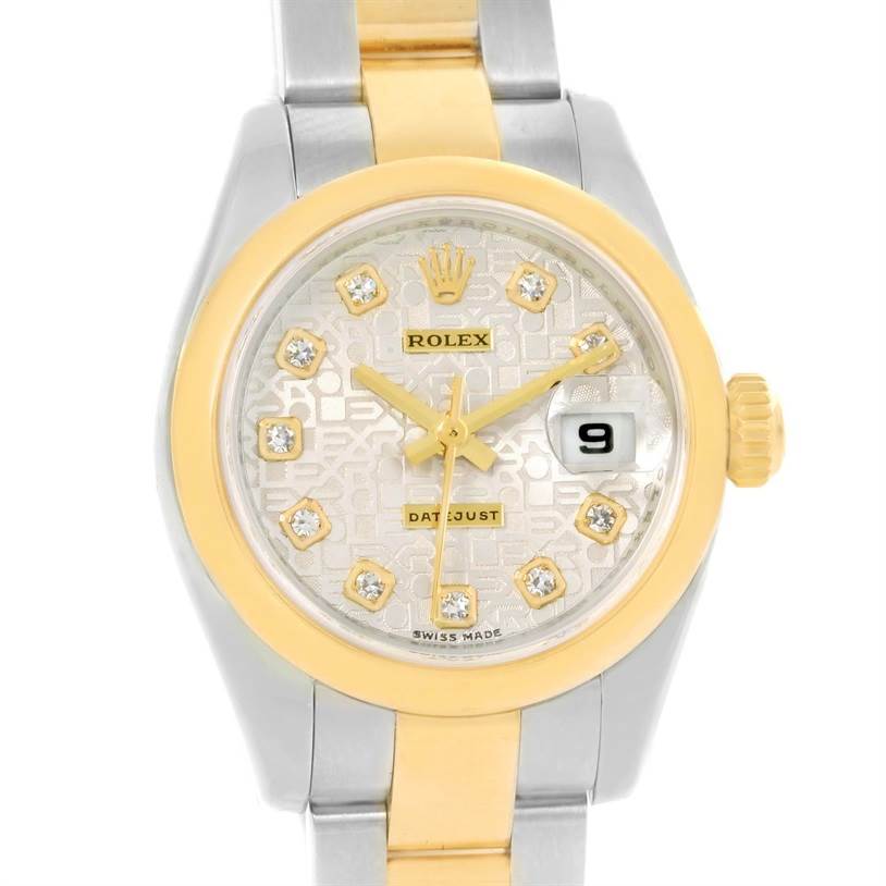 The image shows a frontal view of a Rolex Datejust 179163 Women's Steel and Gold (two tone) Silver Dial 179163 Women's Steel and Gold (two tone) Silver Dial watch, highlighting its dial, bezel, hands, and part of the bracelet.