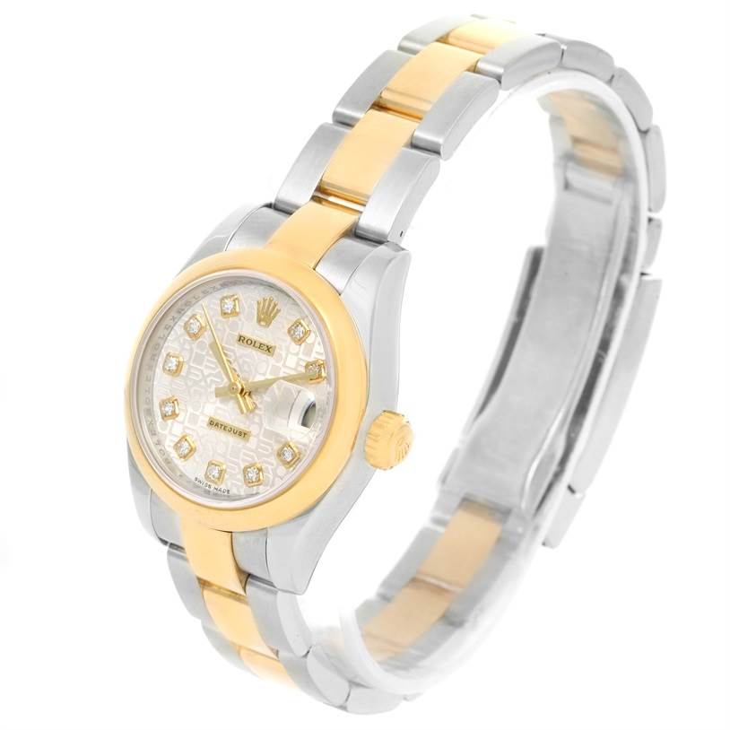 The image displays a side angle of a Rolex Datejust 179163 Women's Steel and Gold (two tone) Silver Dial 179163 Women's Steel and Gold (two tone) Silver Dial watch, highlighting the bracelet, dial, case, and crown.