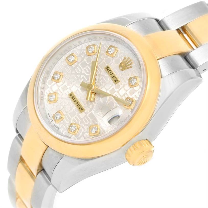 The image shows a close-up top angle of a Rolex Datejust 179163 Women's Steel and Gold (two tone) Silver Dial 179163 Women's Steel and Gold (two tone) Silver Dial, highlighting the dial, bezel, crown, and part of the bracelet.