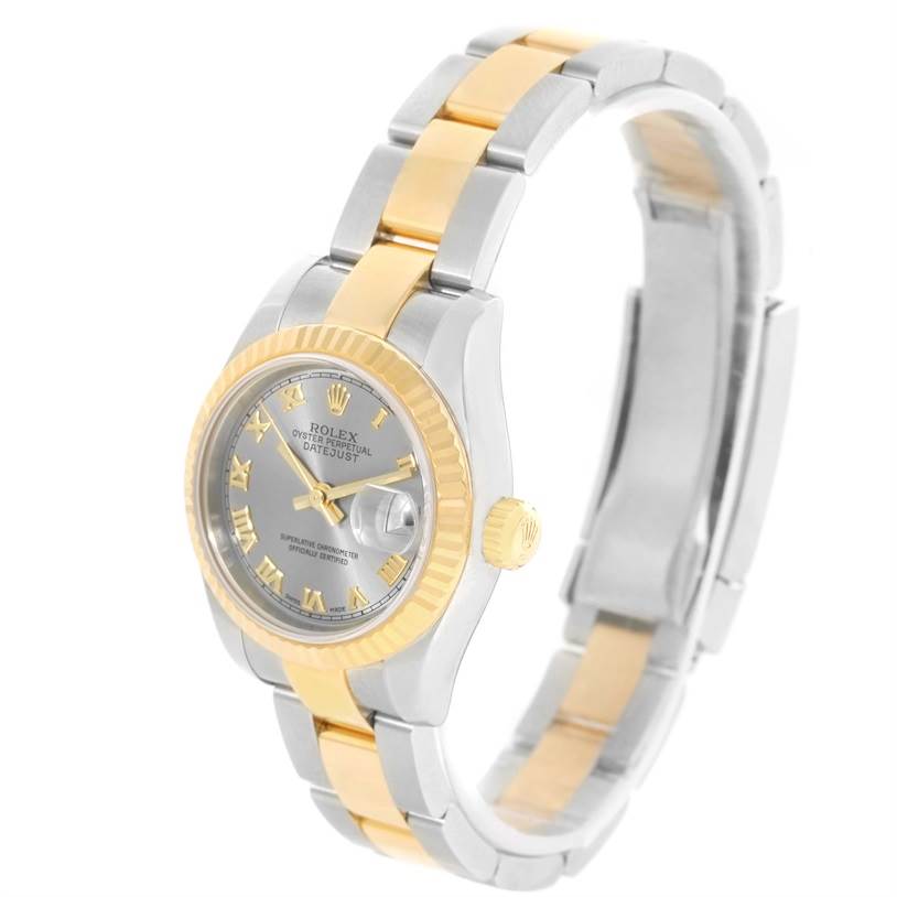 The image shows a Rolex Datejust 179173 Women's Steel and Gold (two tone) Silver Dial 179173 Women's Steel and Gold (two tone) Silver Dial watch at a slight angle, highlighting its silver and gold bracelet, bezel, and watch face.