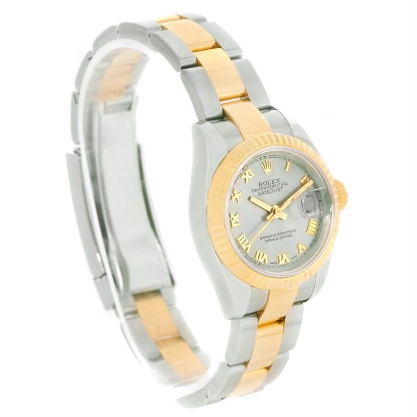 This image shows a side-front angle of a Rolex Datejust 179173 Women's Steel and Gold (two tone) Silver Dial 179173 Women's Steel and Gold (two tone) Silver Dial watch, highlighting its two-tone bracelet and bezel.