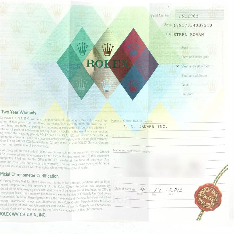 The image shows the warranty card and chronometer certification for a Rolex Datejust 179173 Women's Steel and Gold (two tone) Silver Dial 179173 Women's Steel and Gold (two tone) Silver Dial watch.