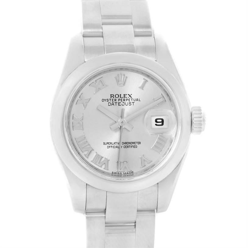 The Rolex Datejust 179160 Women's Stainless Steel Grey Dial 179160 Women's Stainless Steel Grey Dial watch is shown from a front angle, displaying the dial, bezel, bracelet, and crown.