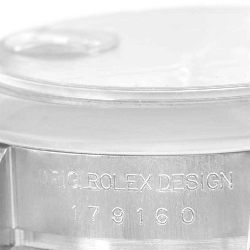 The image shows a close-up of the case side of a Rolex Datejust 179160 Women's Stainless Steel Grey Dial 179160 Women's Stainless Steel Grey Dial with the model number engraved.