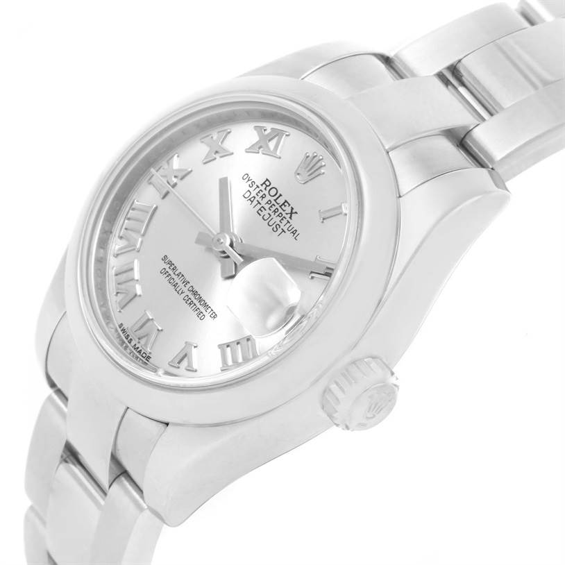 The image shows a close-up side angle of the Rolex Datejust 179160 Women's Stainless Steel Grey Dial 179160 Women's Stainless Steel Grey Dial watch, highlighting the case, dial, bezel, and part of the bracelet.