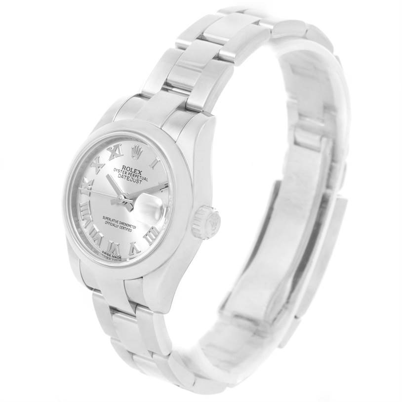 The image shows a Rolex Datejust 179160 Women's Stainless Steel Grey Dial 179160 Women's Stainless Steel Grey Dial watch angled from the front-left, highlighting the dial, crown, and bracelet.