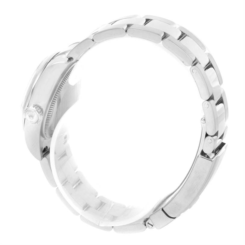 This image shows a side profile view of the Rolex Datejust 179160 Women's Stainless Steel Grey Dial 179160 Women's Stainless Steel Grey Dial watch, highlighting its metal bracelet and crown.