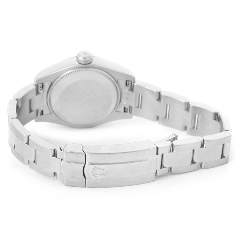 The image shows the back case and clasp of a Rolex Datejust 179160 Women's Stainless Steel Grey Dial 179160 Women's Stainless Steel Grey Dial watch, photographed at an angle displaying the bracelet.