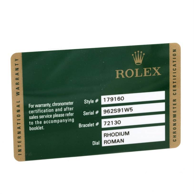 This image shows the warranty card for a Rolex Datejust 179160 Women's Stainless Steel Grey Dial 179160 Women's Stainless Steel Grey Dial watch.