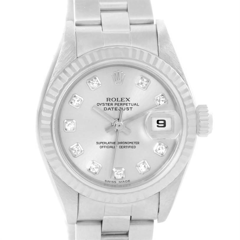 The image shows a close-up front view of a Rolex Datejust 79174 Women's Stainless Steel Grey Dial 79174 Women's Stainless Steel Grey Dial watch, highlighting the dial, bezel, and part of the bracelet.