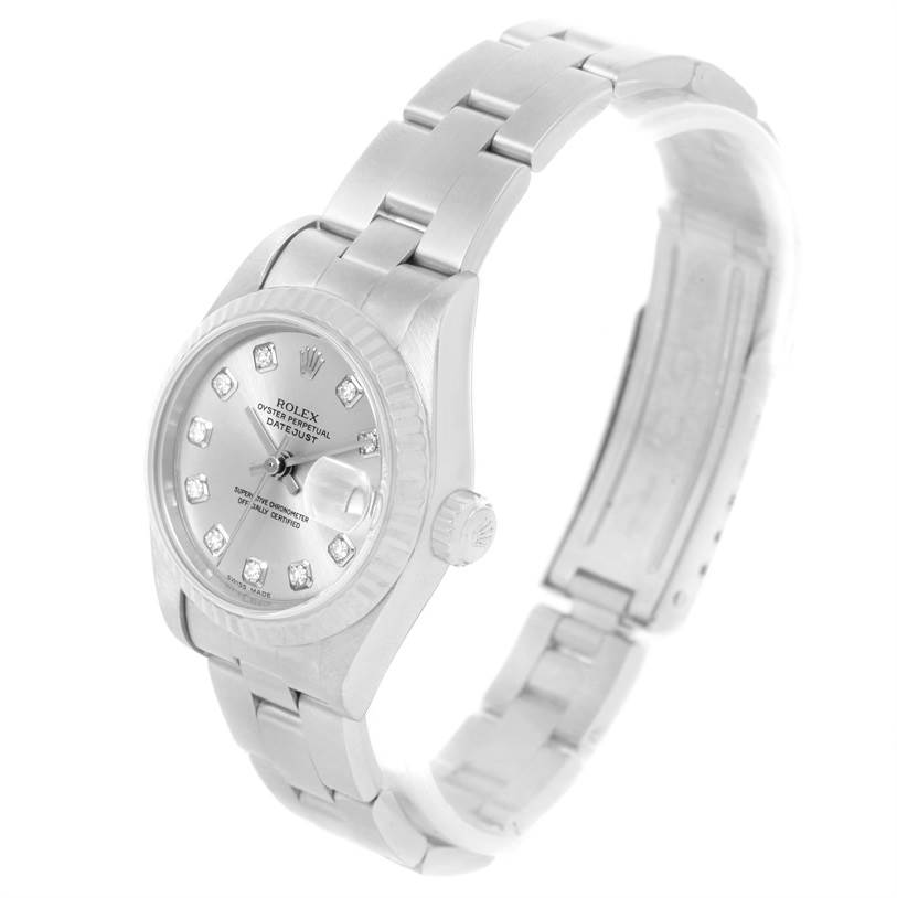 The Rolex Datejust 79174 Women's Stainless Steel Grey Dial 79174 Women's Stainless Steel Grey Dial model watch is shown at an angle displaying the dial, bezel, crown, and part of the bracelet.