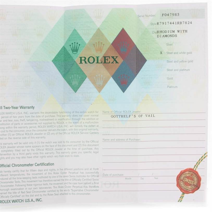 This image shows the warranty and certification document for a Rolex Datejust 79174 Women's Stainless Steel Grey Dial 79174 Women's Stainless Steel Grey Dial watch.