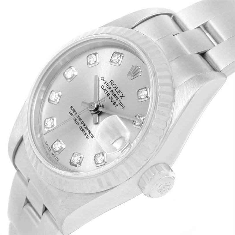 The image shows a close-up, angled view of the Rolex Datejust 79174 Women's Stainless Steel Grey Dial 79174 Women's Stainless Steel Grey Dial watch, highlighting the dial, bezel, and part of the bracelet.