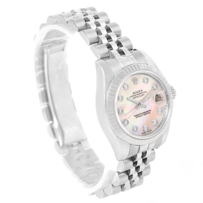 The image shows a Rolex Datejust 179174 Women's Stainless Steel Mother of Pearl Dial 179174 Women's Stainless Steel Mother of Pearl Dial watch from an angled side view, highlighting the bracelet, case, and dial.