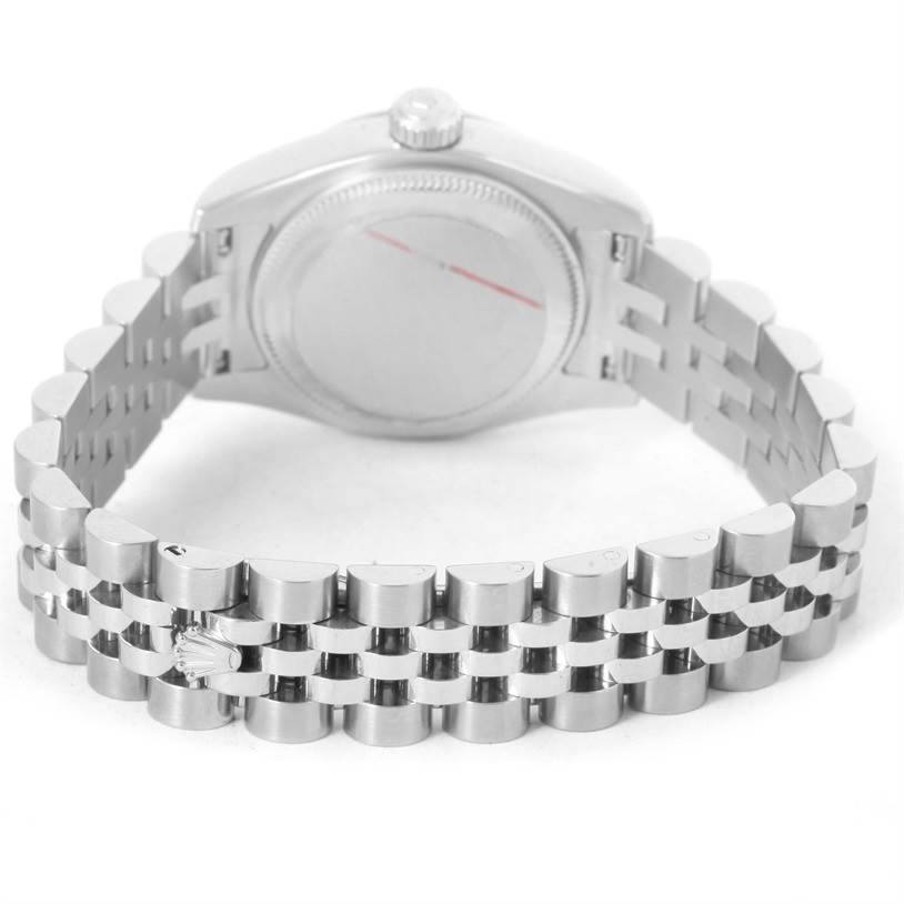 This image shows the back of the Rolex Datejust 179174 Women's Stainless Steel Mother of Pearl Dial 179174 Women's Stainless Steel Mother of Pearl Dial watch, highlighting the stainless steel case back and Jubilee bracelet.