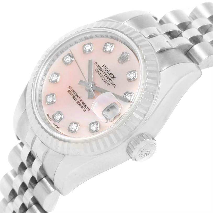 The image shows a close-up, angled view of the Rolex Datejust 179174 Women's Stainless Steel Mother of Pearl Dial 179174 Women's Stainless Steel Mother of Pearl Dial watch, highlighting the dial, crown, and part of the bracelet.