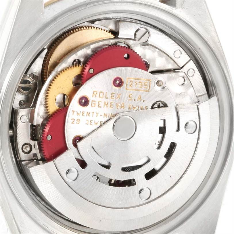 This image shows the internal mechanism of a Rolex Datejust 69173 Women
s Stainless Steel Silver Dial 69173 Women
s Stainless Steel Silver Dial watch, highlighting the gears and movement components.