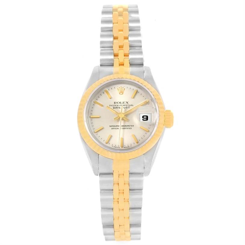The Rolex Datejust 69173 Women
s Stainless Steel Silver Dial 69173 Women
s Stainless Steel Silver Dial watch is shown from the front, displaying its two-tone bracelet, gold fluted bezel, and white dial with a date window.