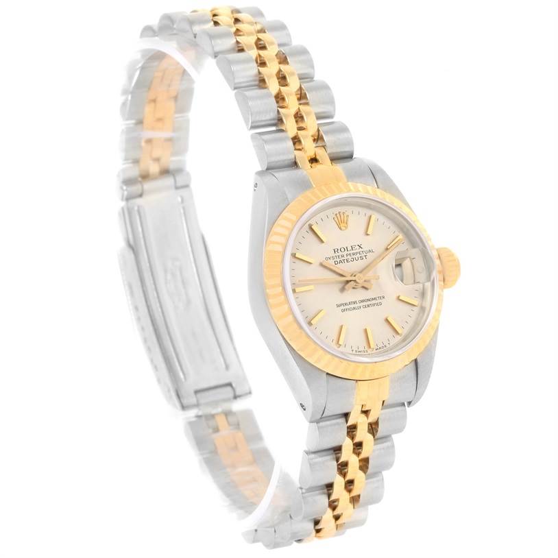 The image shows a Rolex Datejust 69173 Women
s Stainless Steel Silver Dial 69173 Women
s Stainless Steel Silver Dial watch from a three-quarter angle, highlighting the dial, bezel, and two-tone metal bracelet.