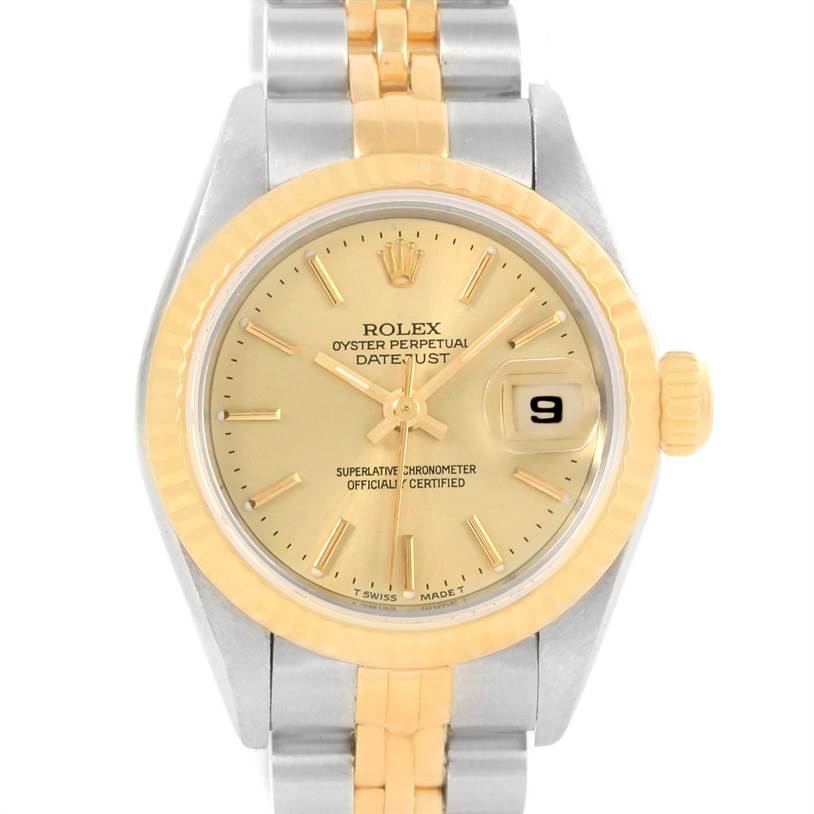 The image shows a front view of the Rolex Datejust 69173 Women
s Stainless Steel Champagne Dial 69173 Women
s Stainless Steel Champagne Dial watch, highlighting the dial, bezel, hands, date window, and part of the bracelet.