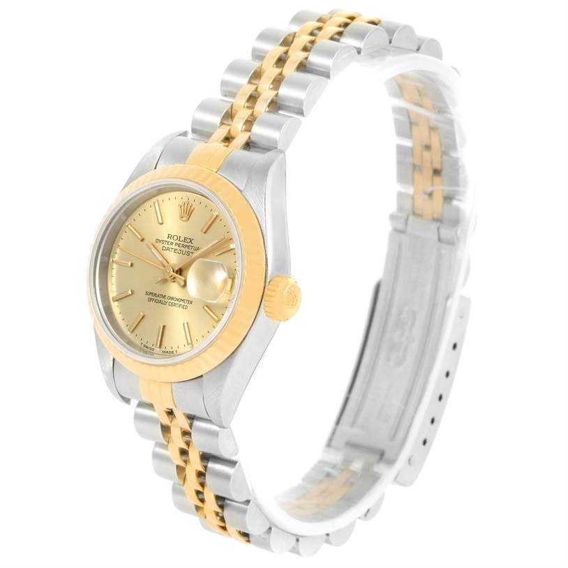 The Rolex Datejust 69173 Women
s Stainless Steel Champagne Dial 69173 Women
s Stainless Steel Champagne Dial watch is shown from a front-left angle, highlighting its gold and silver bracelet and gold dial.