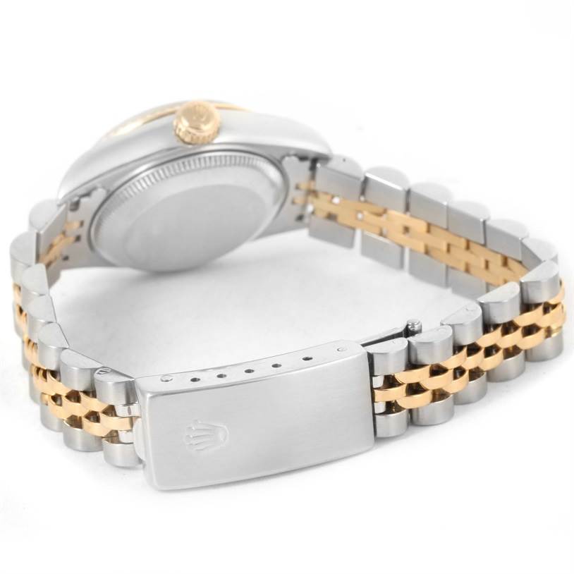 The image shows the clasp, bracelet, and caseback of a Rolex Datejust 69173 Women
s Stainless Steel Champagne Dial 69173 Women
s Stainless Steel Champagne Dial watch from a slightly rear angle.