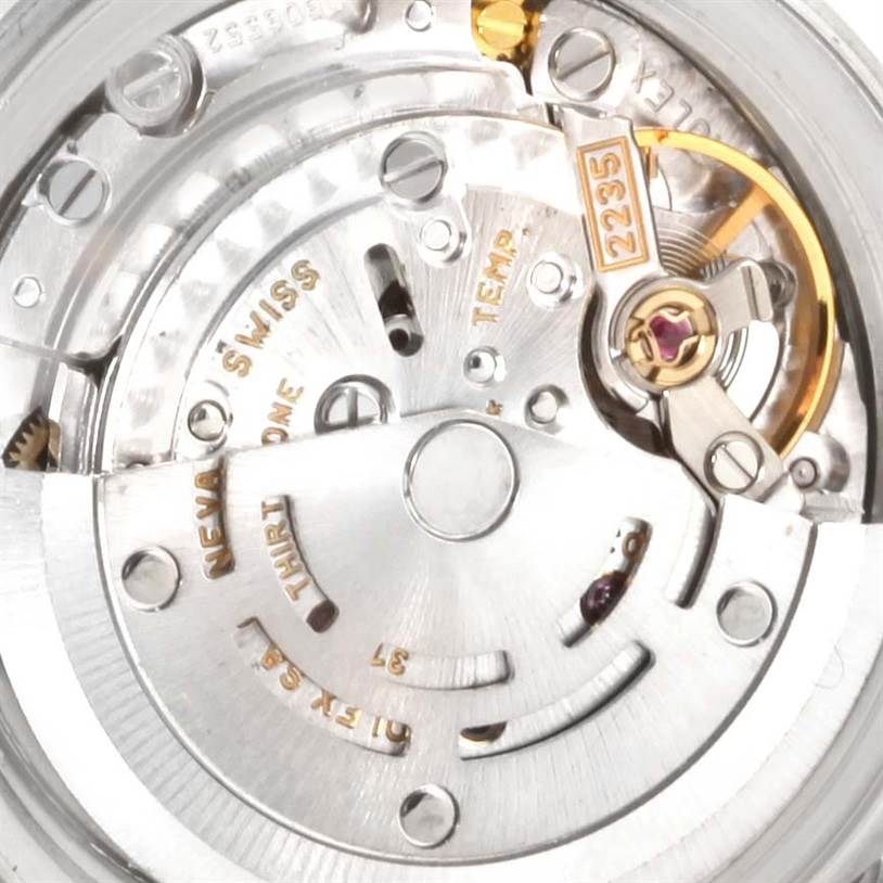 This close-up image shows the intricate inner movement components of the Rolex Datejust 79173 Women
s Stainless Steel Champagne Dial 79173 Women
s Stainless Steel Champagne Dial watch.