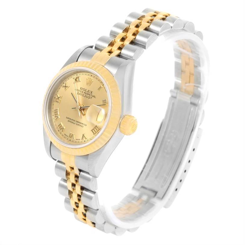 The Rolex Datejust 79173 Women
s Stainless Steel Champagne Dial 79173 Women
s Stainless Steel Champagne Dial watch is shown at a three-quarter angle, displaying the face, case, crown, and Jubilee bracelet.
