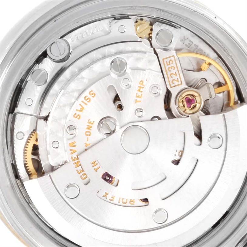 This image shows the internal movement of a Rolex Datejust 79173 Women's Stainless Steel Beige Dial 79173 Women's Stainless Steel Beige Dial watch from a close-up, angled view.