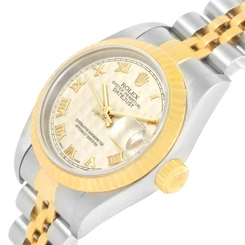 The image shows a Rolex Datejust 79173 Women's Stainless Steel Beige Dial 79173 Women's Stainless Steel Beige Dial watch at an angled side view, highlighting the face, bezel, crown, and part of the bracelet.