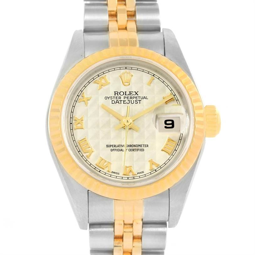 The image shows a full frontal view of a Rolex Datejust 79173 Women's Stainless Steel Beige Dial 79173 Women's Stainless Steel Beige Dial watch, highlighting its two-tone bracelet, dial, and date window.