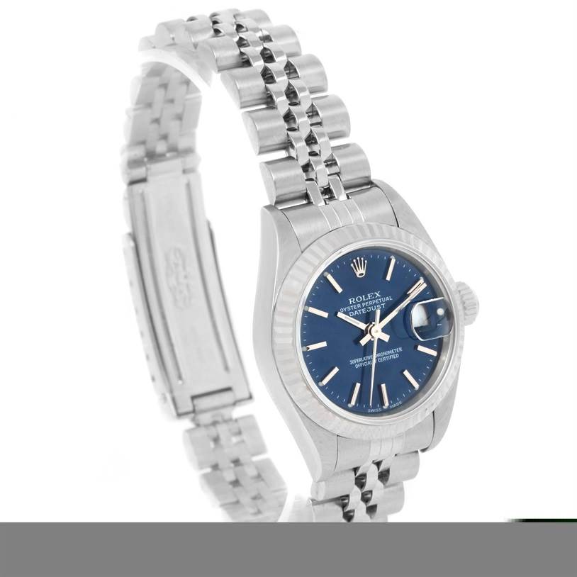 This image shows a Rolex Datejust 79174 Women's Stainless Steel Blue Dial 79174 Women's Stainless Steel Blue Dial watch at a slight angle, highlighting its bracelet, case, and blue dial.