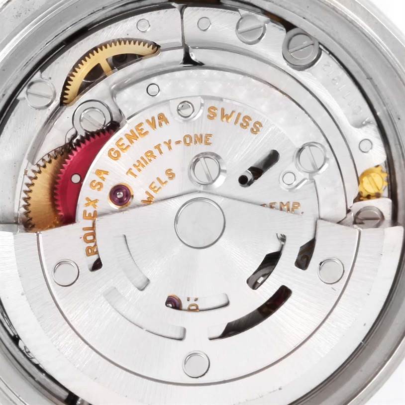 This image shows the inner mechanical movement of a Rolex Datejust 79174 Women's Stainless Steel Blue Dial 79174 Women's Stainless Steel Blue Dial watch from a top-down angle.