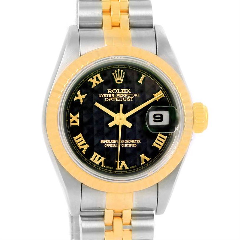 Rolex Datejust Ladies Steel Yellow Gold Black Pyramid Dial Watch 69173 SwissWatchExpo