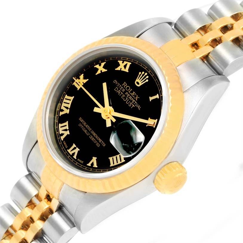 The image shows a close-up at an oblique angle of a Rolex Datejust 69173 Women
s Stainless Steel Black Dial 69173 Women
s Stainless Steel Black Dial watch, focusing on its dial, bezel, crown, and part of the bracelet.