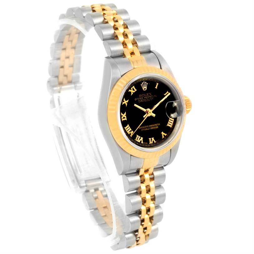 The image shows a Rolex Datejust 69173 Women
s Stainless Steel Black Dial 69173 Women
s Stainless Steel Black Dial watch from an angled side view, displaying the dial, bezel, and bracelet.