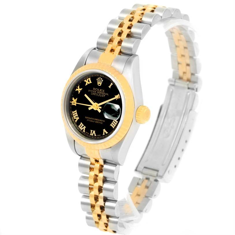 This image shows a Rolex Datejust 69173 Women
s Stainless Steel Black Dial 69173 Women
s Stainless Steel Black Dial watch with a two-tone band, gold bezel, and black dial, viewed at an angled perspective.