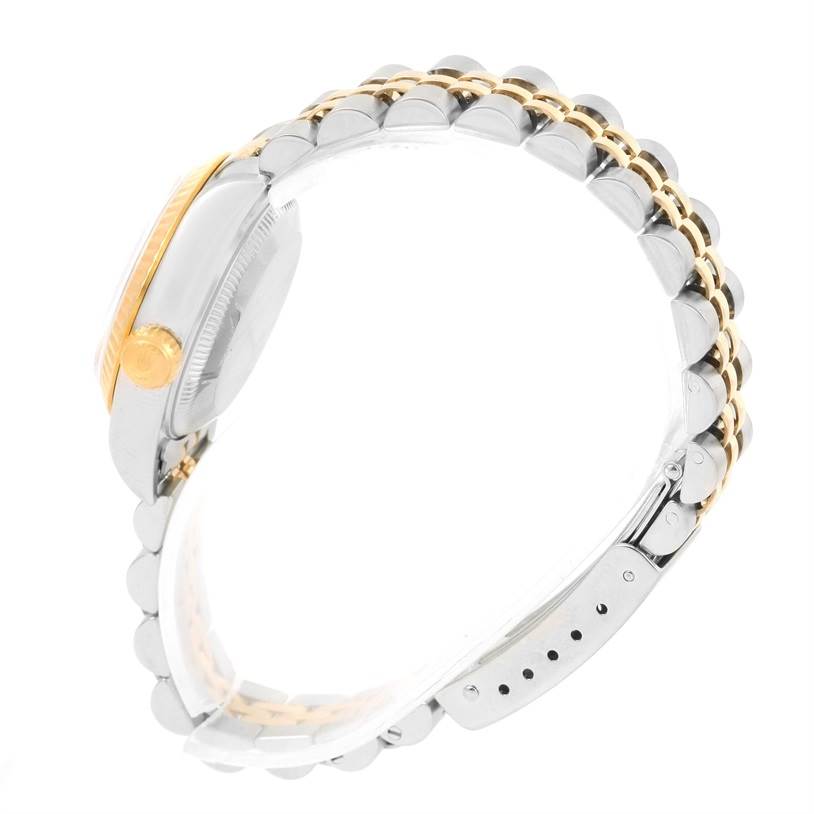 This image shows a side view of a Rolex Datejust 69173 Women
s Stainless Steel Black Dial 69173 Women
s Stainless Steel Black Dial watch, highlighting its two-tone bracelet and crown.