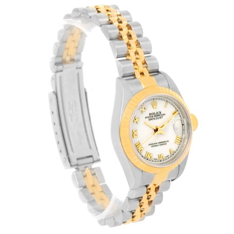 This image shows a side angle of a Rolex Datejust 79173 Women's Stainless Steel White Dial 79173 Women's Stainless Steel White Dial watch, highlighting its dial, bezel, and two-tone bracelet.