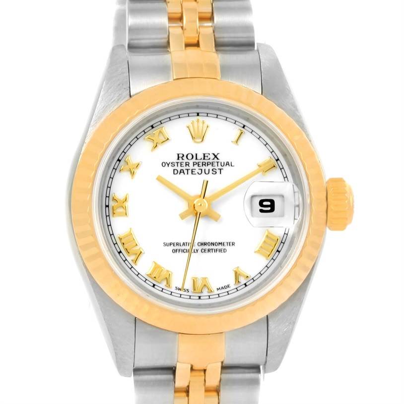 The Rolex Datejust 79173 Women's Stainless Steel White Dial 79173 Women's Stainless Steel White Dial watch is shown from a front angle, displaying its face, bezel, and bracelet.